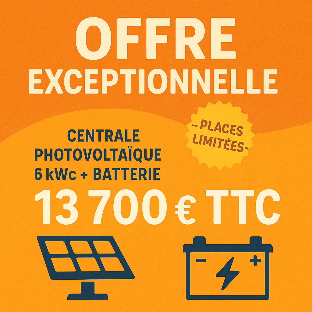 You are currently viewing Centrale photovoltaïque 6 kWc + Batterie – Offre complète à 13 700 € TTC